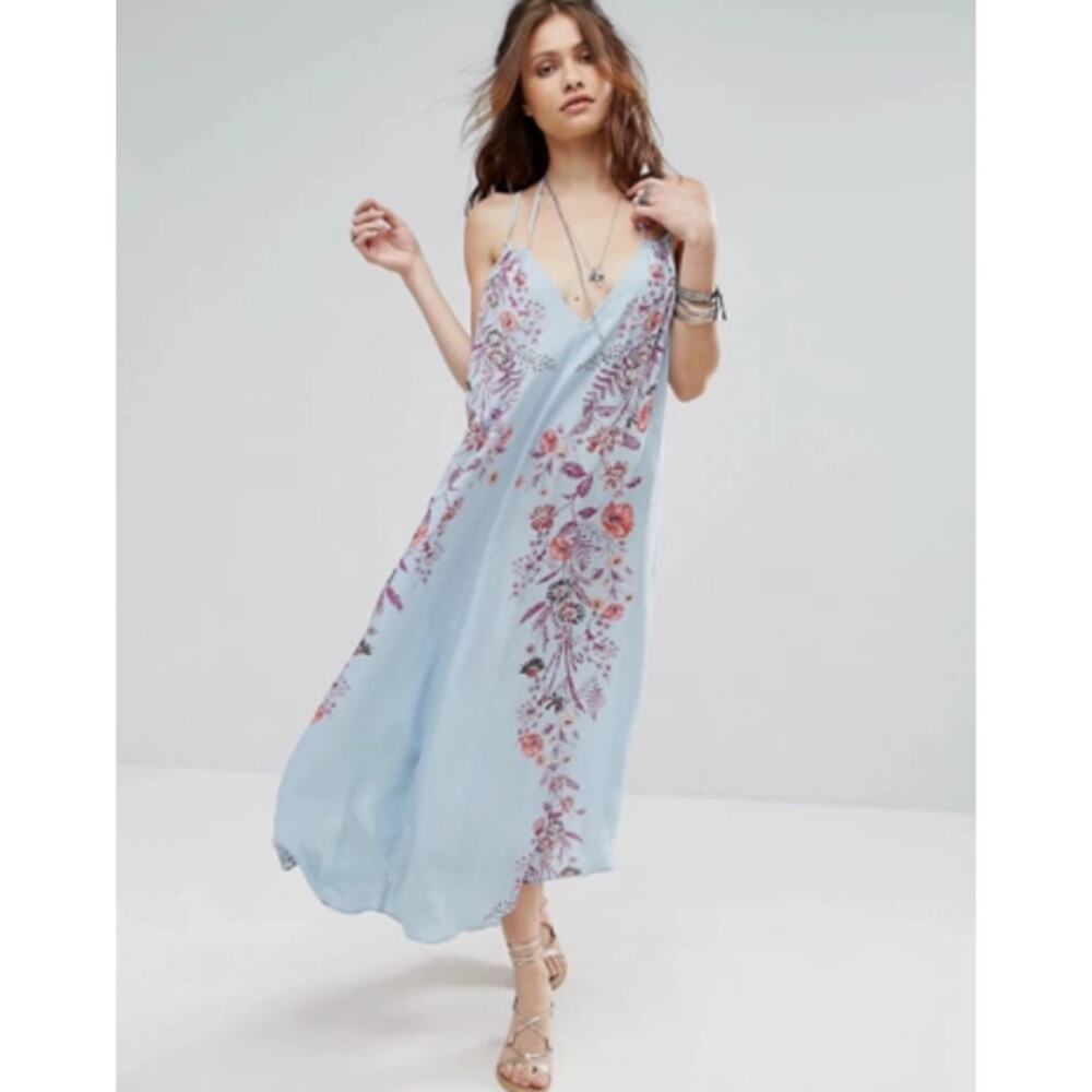 Free People Intimately Ashbury Printed Midi Slip Dress Blue Floral Size Small